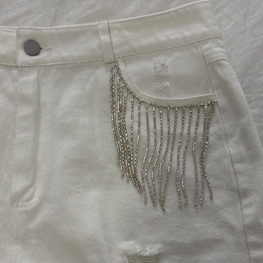 Blue B White Ripped Rhinestone Fringe Shorts - Picture 7 of 11
